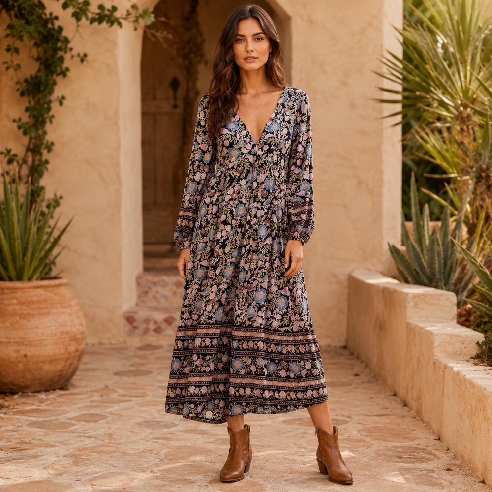 Billabong Floral Midi Dress Black Pink Boho Long Sleeve Womens M NWT - Picture 1 of 15